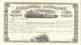 Mississippi And Missouri Railroad Company. . . . .  1860 ' S Unissued Stock Certificate photo
