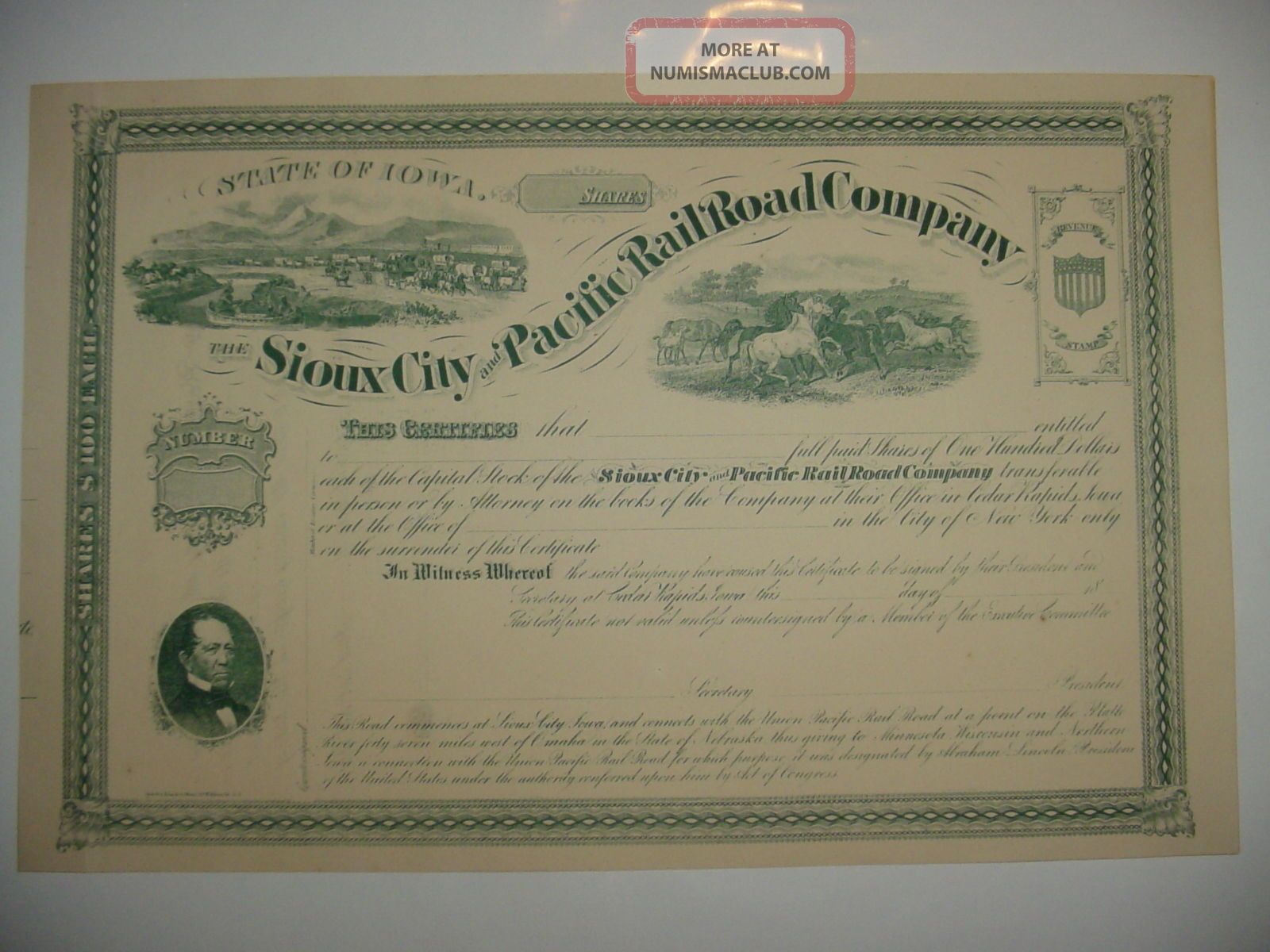 Sioux City & Pacific Railroad Company Stock Certificate Iowa Union Pacific