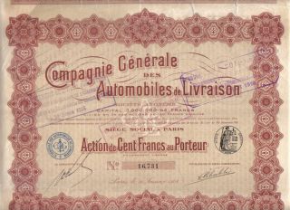France 1913 Automobiles Livraison Company Car Auto 100 Fr Coupons Uncancelled photo