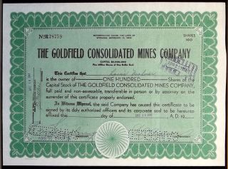 1947 Mining Stock Certificate - The Goldfield Consolidated Mines Co,  Nevada Mine photo