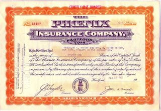 The Phoenix Insurance Company Stock Certificate Hartford Connecticut photo