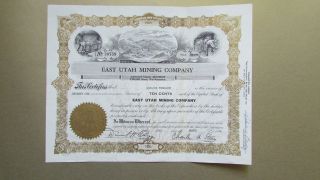 Circa 1964 East Utah Mining Company Stock Certificate Uncancelld Park Mining photo