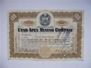 Utah - Apex Mining Company Stock Cert. photo