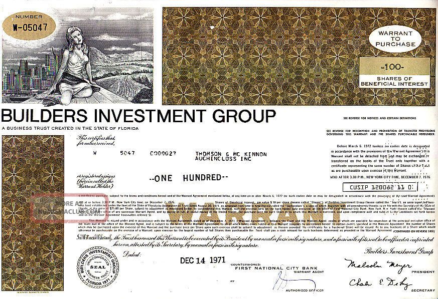 Builders Investment Group 1971 Fl Stock Warrant Certificate