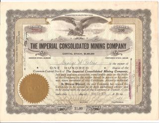 The Imperial Consolidated Mining Co.  Arizona.  1919 100 Shares Stock Certificate photo