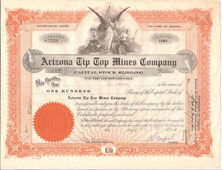 Arizona Tip Top Mines Co.  1921 100 Shares Stock Certificate photo