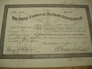1926 First National Bank Of Amsterdam Stock Certificate Issued Cancelled Kellogg photo