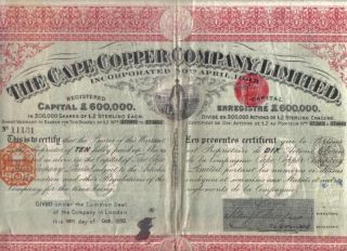 Uk Gb Bond 1890 Cape Copper Co 10 Shares £20 Deco Coup photo
