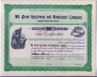 Penn Speedway & Boulevard Co.  Stock Certificate Auto Reading Pennsylvania photo