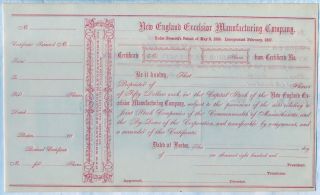 England Excelsior Manufacturing Company Stock Certificate Boston Ma Pre War photo