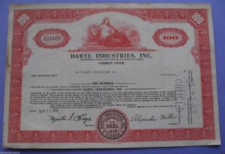 Stock Certificate For Daryl Industries Inc.  Florida 1963 photo