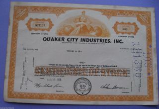 Stock Certificate For Quaker City Industries Inc.  1968 photo