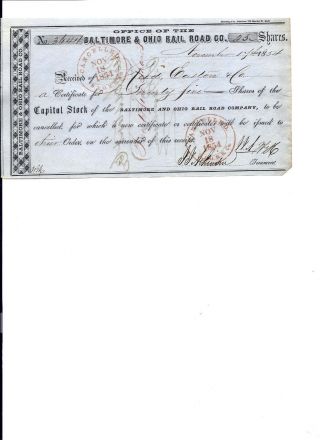 B & O Railroad Co.  Stock Certificate Receipt - 1854 photo