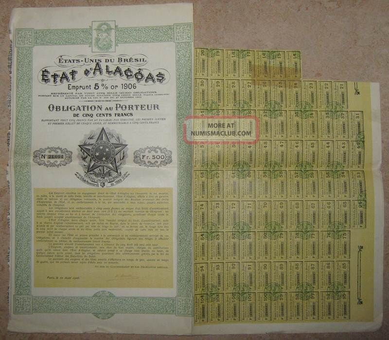 Brazil State Of Alacoas Etat D ' Alacoas 5% Obligation Bond Loan 1906 +coupons World photo
