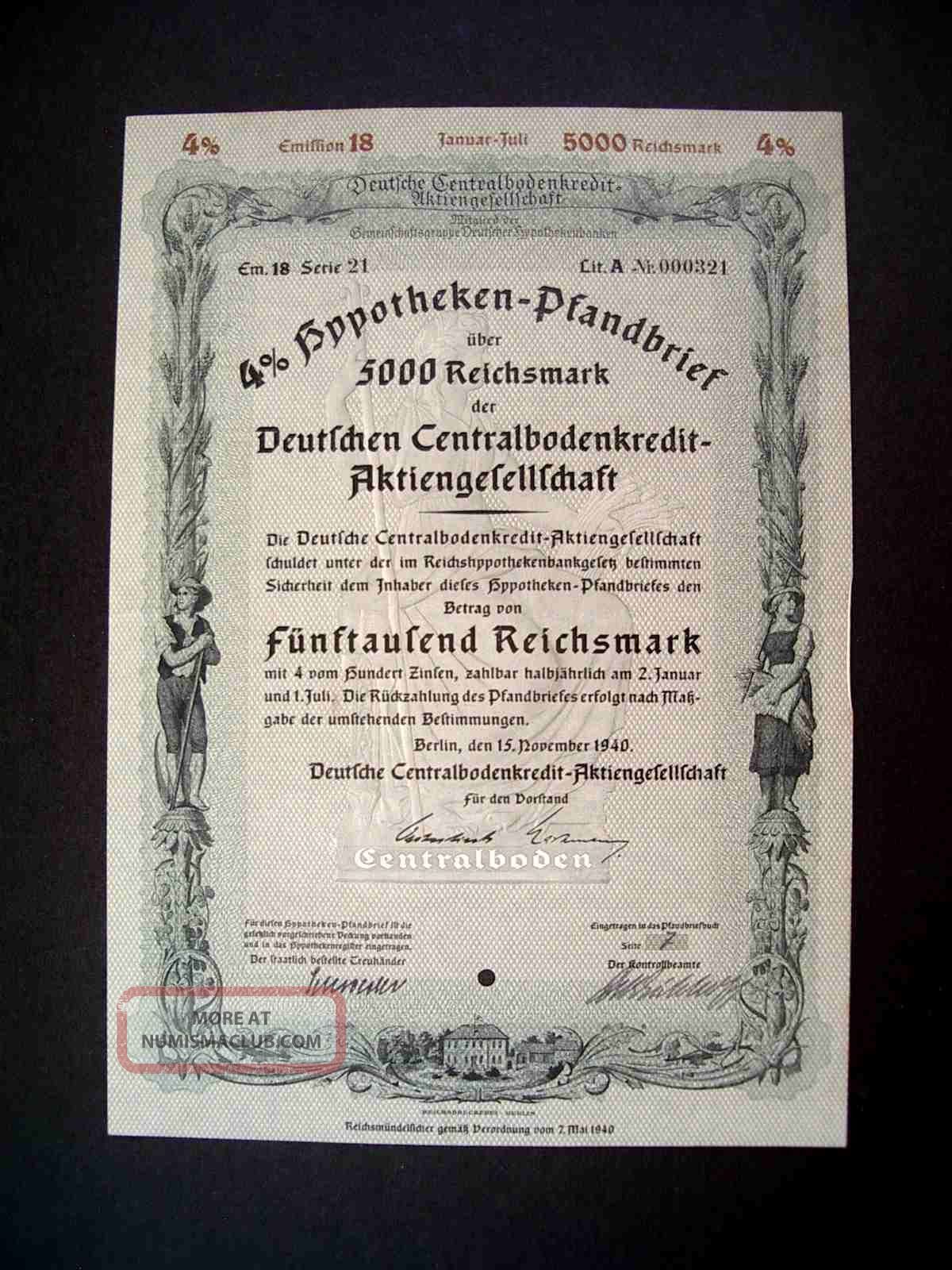 Germany German 1940 Hypotheken Pfandbrief 5000 Rm Bond Share Loan World photo