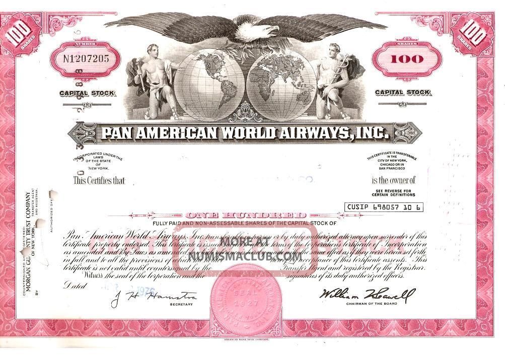 Usa 1976 Pan American Airways Bond Share Loan Stock Ef World photo