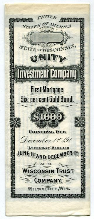 Unity Investment Co.  $1000 Gold Bond,  1909 Unissued photo