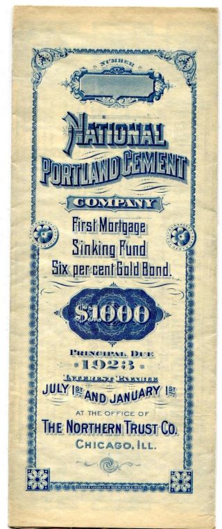 National Portland Cement Co.  $1000 Gold Bond,  1902,  Unissued photo