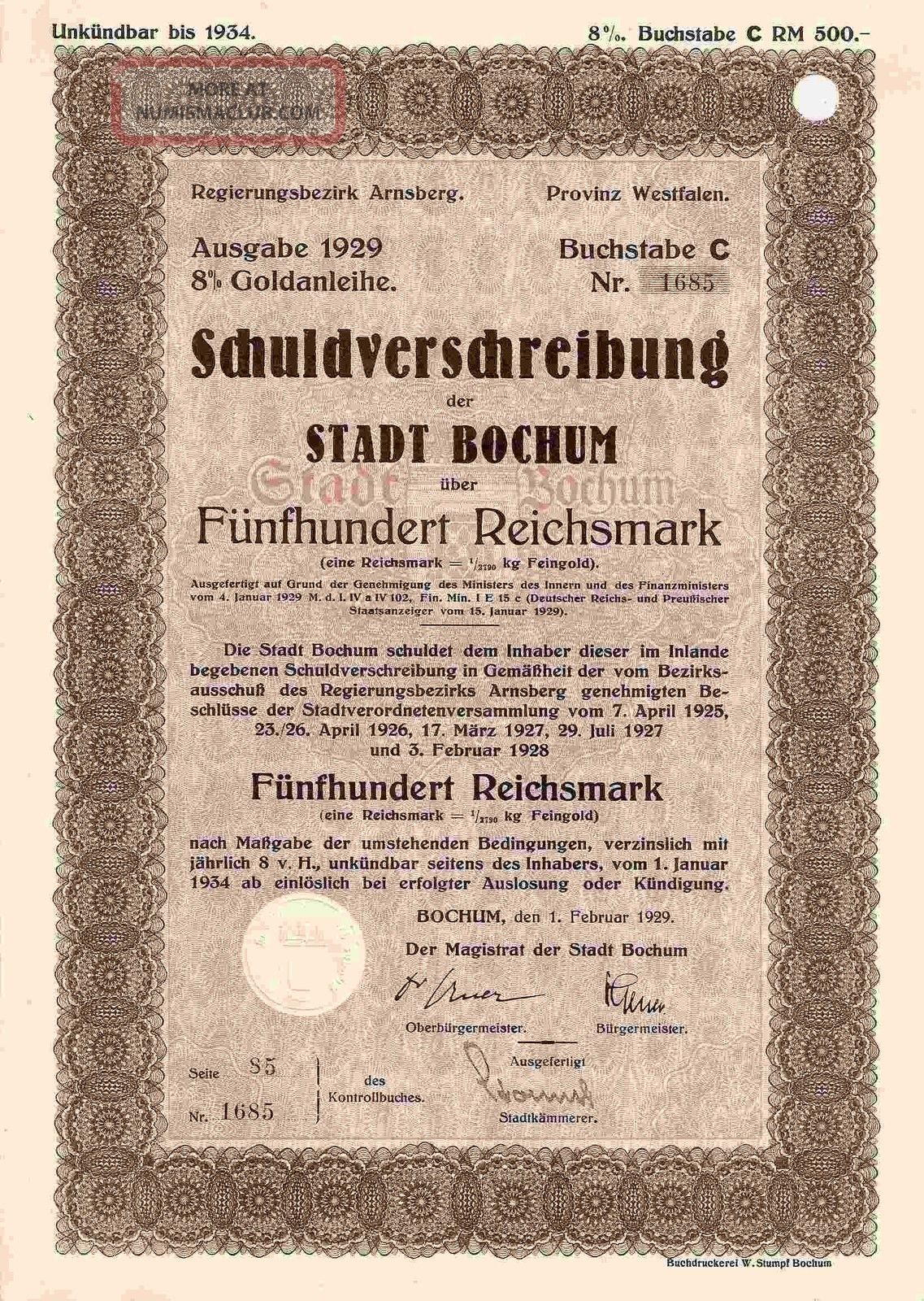 Germany German 1934 Stadt Bochum 500 Rm Bond Aktien World photo