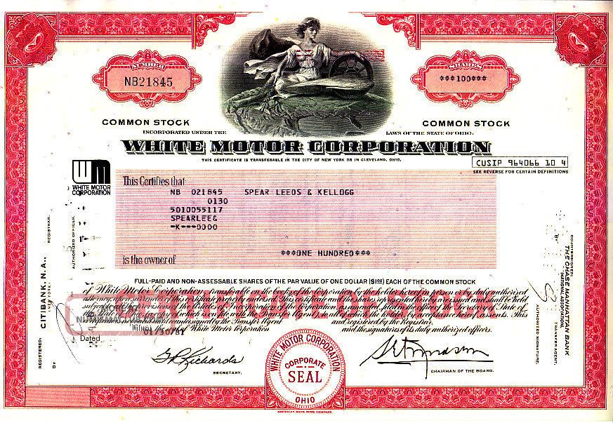 Broker Owned Stock Certificate: Spear Leeds Kellogg Payee White Motor