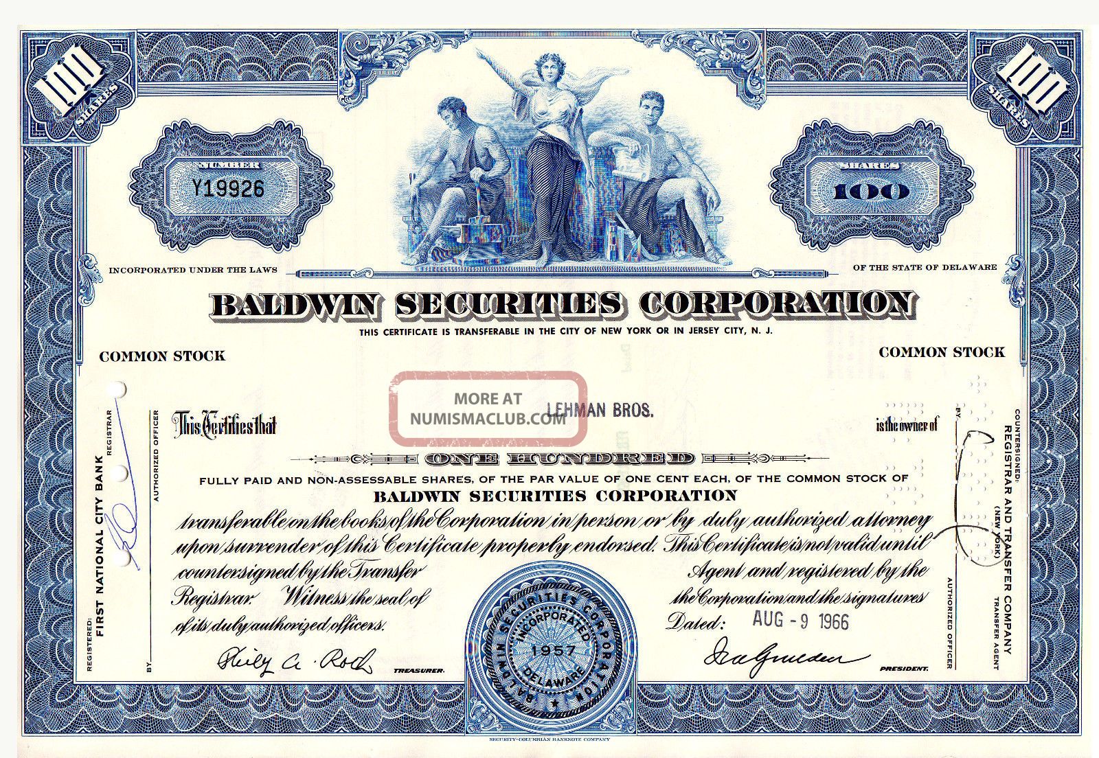 Stock Certificate Baldwin Securities Corp 1966 Belonged To Lehman