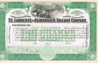 St.  Lawrence & Adrondack Railway Co.  Stock Certificate Signed Punched Unissued photo