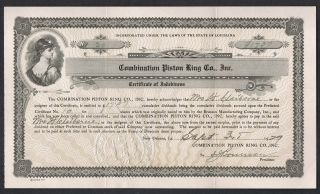 Combination Piston Ring Co.  Orleans La 1929 Certificate Of Indebtness Signed photo