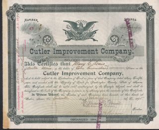 Cutler Improvement Company Boston Ma 1895 Stock Certificate Signed Cancelled photo