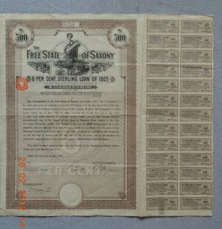 Germany State Saxony 1927,  500£,  26 Coupons Uncancelled; Scripotrust Certif photo