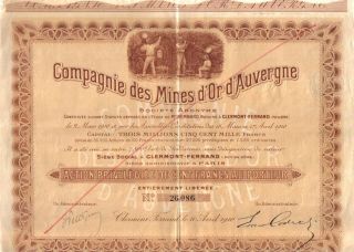 France Bond 1910 Gold Mines Auvergne Clermont Ferrand Co 100 Francs Deco Coupons photo