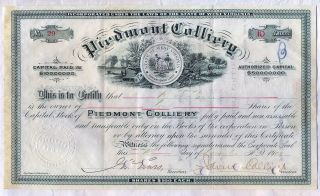 1905 Piedmont Colliery Stock Certificate West Virginia Coal Mine Mining photo