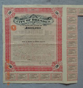 Germany City Of Dresden 1927,  500£ 15 Coupons,  Uncancelled,  Scripotrust Certific photo