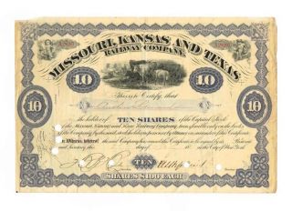 Antique 1885 Missouri,  Kansas And Texas Railway Co.  Stock Certificate 10 Shares photo
