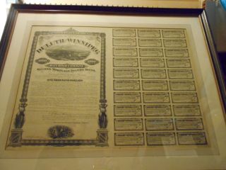 1883 Duluth & Winnipeg Rr Mortgage Income Bond Uncut Sheet Framed photo