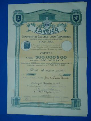 Portugal Share Companhia Seguros Insurance Latina 20 Escudos 1918 Look Scans photo