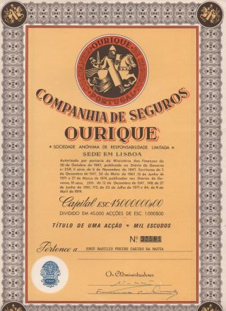 Portugal Share Companhia Seguros Ourique Insurance 1000 Escudos Look Scans photo