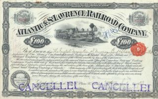 Atlantic & St.  Lawrence Railroad Company Canadian Stock Certificate W/ Tax Stamp photo