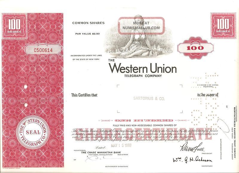 Western Union Stock Certificate, 100 Shares, From 1969