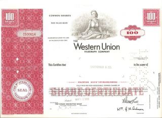 Western Union Stock Certificate,  100 Shares,  From 1969 photo