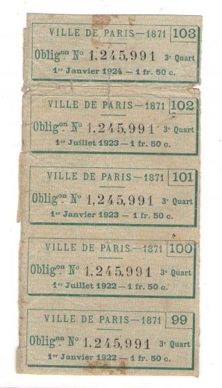 France Ville De Paris 1871 5 Coupons Obligations 1922 1923 1924 photo