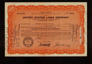 United States Lines Company Dd 1941 Rare Scrip Cert.  Issued To Frederic Hatch photo
