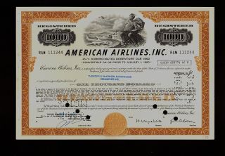 Aa : American Airlines Usd 1,  000 Old Bond Certificate Iss To Thomson Mckinnon photo