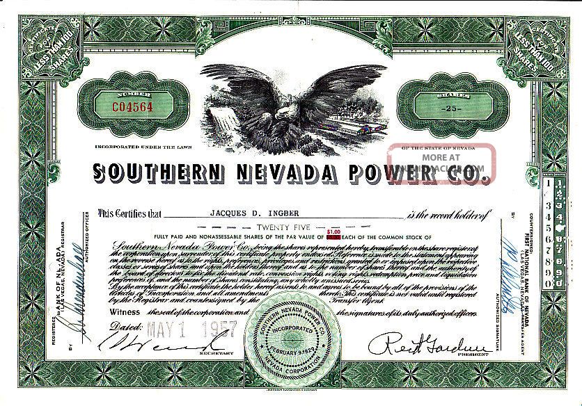 Southern nevada power company nv 1957 stock certificate