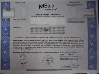 Jetblue Airways Stock Certificate photo