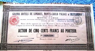 Grand Hotels Of London Monte Carlo Alexandra Stock Certificate Dated 1929 T3u photo