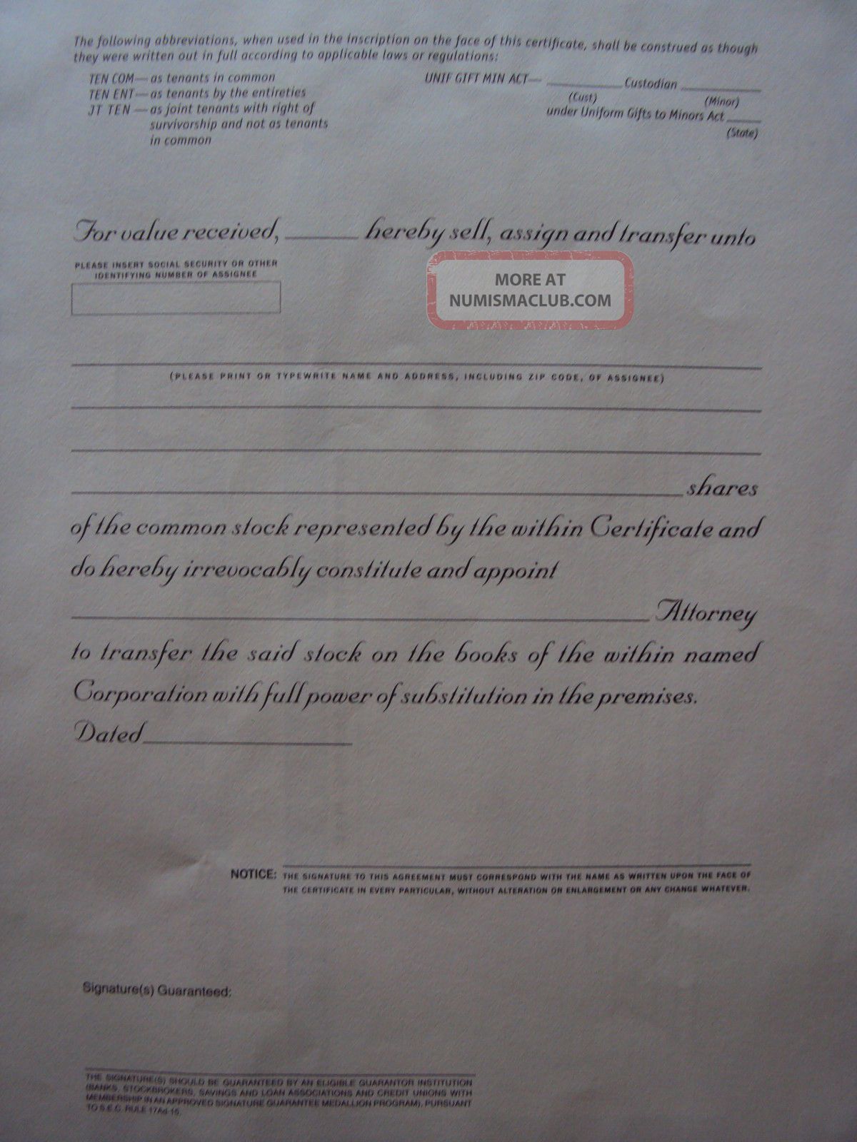 Fannie Mae Stock Certificate 