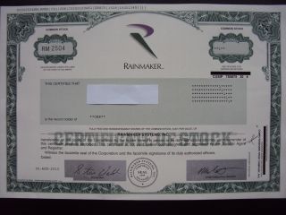 Rainmaker Systems Stock Certificate photo