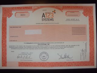 A123 Systems Stock Certificate photo