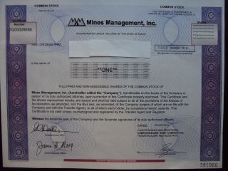 Mines Management Stock Certificate photo
