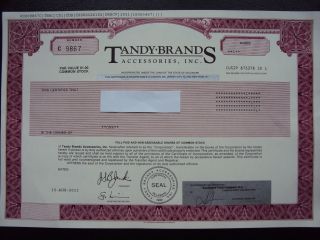 Tandy Brands Accessories Stock Certificate photo